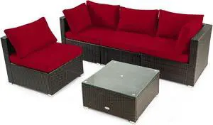 SlickBlue 5 Pieces Cushioned Patio Rattan Furniture Set with Glass Table