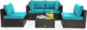 SlickBlue 5 Pieces Cushioned Patio Rattan Furniture Set with Glass Table