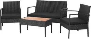 SlickBlue 4 Pieces Patio Rattan Cushioned Furniture Set with Wooden Tabletop