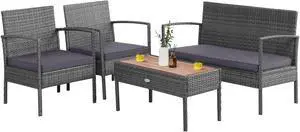 SlickBlue 4 Pieces Rattan Patio Conversation Furniture Set with Acacia Wood Tabletop
