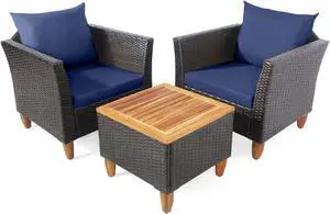 SlickBlue 3 Pieces Patio Rattan Bistro Furniture Set with Wooden Table Top