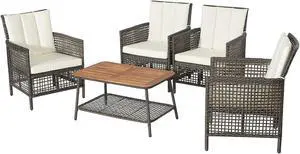 SlickBlue 5 Pieces Patio Rattan Furniture Set Cushioned Sofa Armrest Wooden Tabletop