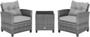 SlickBlue 3 Pieces Outdoor Wicker Conversation Set with Tempered Glass Tabletop