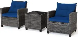 SlickBlue 3 Pieces Outdoor Wicker Conversation Set with Tempered Glass Tabletop