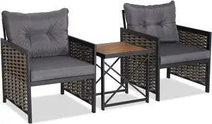 SlickBlue 3 Pieces Patio Rattan Furniture Set with Acacia Wood Tabletop