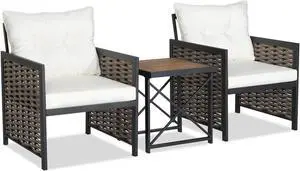 SlickBlue 3 Pieces Patio Rattan Furniture Set with Acacia Wood Tabletop