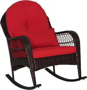 SlickBlue Patio Rattan Rocking Chair with Seat Back Cushions and Waist Pillow
