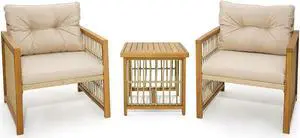 SlickBlue 3 Pieces Patio PE Wicker Conversation Set with Acacia Wood Frame and Cushions