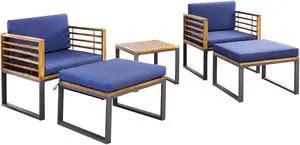 SlickBlue 5 Piece Patio Acacia Wood Chair Set with Ottomans and Coffee Table