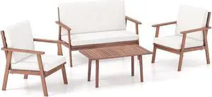 SlickBlue 4 Piece Outdoor Acacia Wood Conversation Set with Soft Seat and Back Cushions