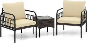 SlickBlue 3 Pieces Patio Wicker Conversation Set with Cushions and Tempered Glass Coffee Table