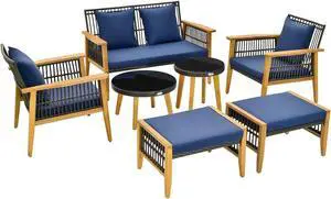 SlickBlue 7 Piece Outdoor Conversation Set with Stable Acacia Wood Frame Cozy Seat & Back Cushions