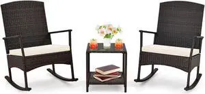 SlickBlue 3 Piece Patio Rocking Set Wicker Rocking Chairs with 2-Tier Coffee Table