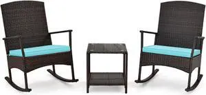 SlickBlue 3 Piece Patio Rocking Set Wicker Rocking Chairs with 2-Tier Coffee Table