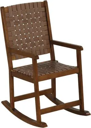 SlickBlue Patio Wood Rocking Chair with PU Seat and Rubber Wood Frame