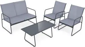 SlickBlue 4 Pieces of Metal Patio Furniture Chat Set with Tempered Glass Coffee Table