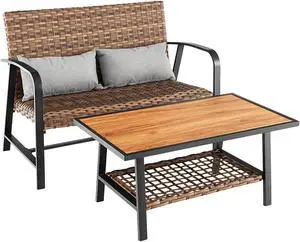 SlickBlue 2 Pieces Patio Rattan Coffee Table Set with Shelf and Quick Dry Cushion