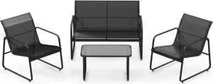 SlickBlue 4 Pieces Outdoor Conversation Set with Tempered Glass Coffee Table-Black