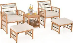 SlickBlue 5 Piece Patio Wicker Sofa Set with Seat and Back Cushions-Natural