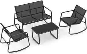 SlickBlue 4 Piece Patio Rocking Set with Glass-Top Table-Black
