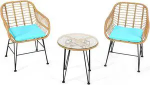 SlickBlue 3 Pieces Rattan Furniture Set with Cushioned Chair Table