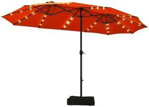 SlickBlue 15 Ft Solar LED Patio Double-sided Umbrella Market Umbrella with Weight Base-Orange