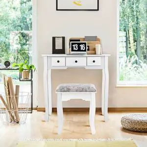 SlickBlue Dressing Table Set with Oval Mirror Stool and 5 Storage Drawers