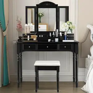 SlickBlue Makeup Dressing Table with Tri-Folding Mirror and Cushioned Stool for Women