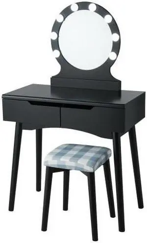 SlickBlue Dressing Table with Large Round Mirror and 8 Light Bulbs for Bedroom