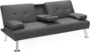 SlickBlue Convertible Folding Futon Sofa Bed Fabric with 2 Cup Holders