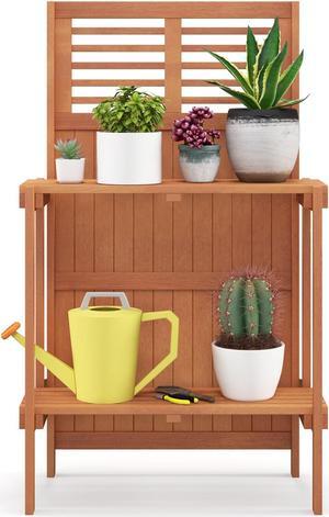 SlickBlue Folding Garden Potting Bench with 2-tier Storage Shelves and Teak Oil Finish for Garden Yard Balcony