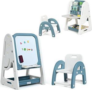 SlickBlue 2-in-1 Kids Easel Desk Chair Set Book Rack Adjustable Art Painting Board-Blue