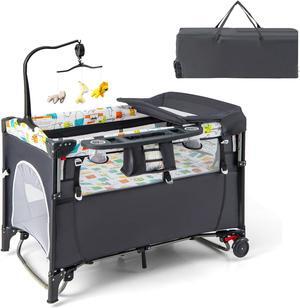 SlickBlue 5-in-1 Baby Nursery Center Foldable Toddler Bedside Crib with Music Box