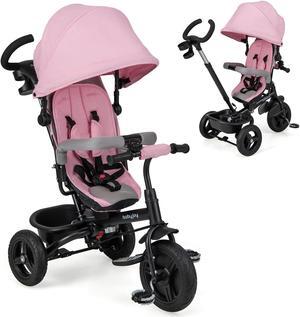 SlickBlue 4-in-1 Baby Tricycle Toddler Trike with Reversible Seat and 5-Point Safety Harness-Pink