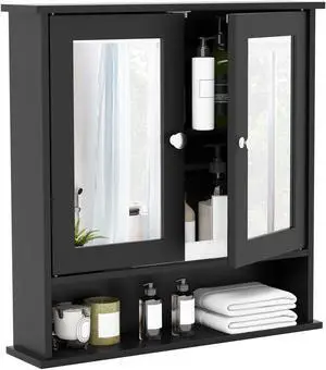 SlickBlue Double Door Wall-Mounted Bathroom Mirror Cabinet with Storage Shelf-Black