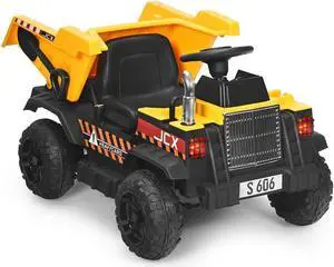 SlickBlue 12V Battery Kids Ride On Dump Truck with Electric Bucket and Dump Bed-Yellow