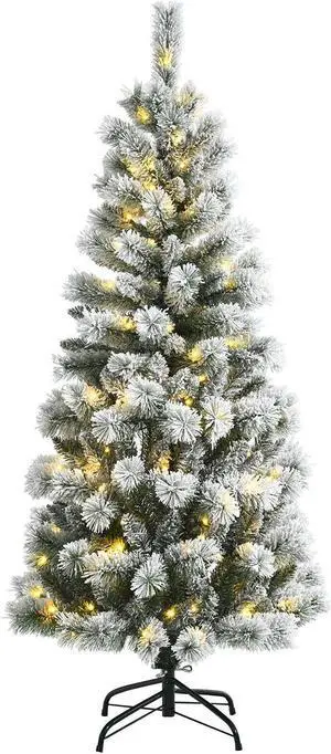 SlickBlue 5 Feet Pre-Lit Hinged Christmas Tree Snow Flocked with 9 Lighting Modes