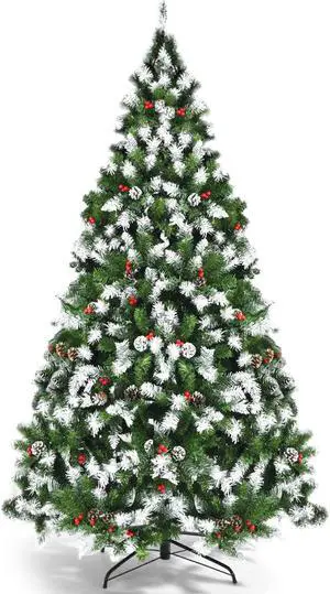SlickBlue Pre-lit Snow Flocked Christmas Tree with Red Berries and LED Lights