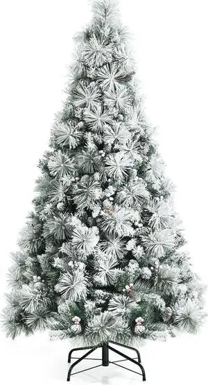 SlickBlue Snow Flocked Christmas Tree with Pine Cone and Red Berries