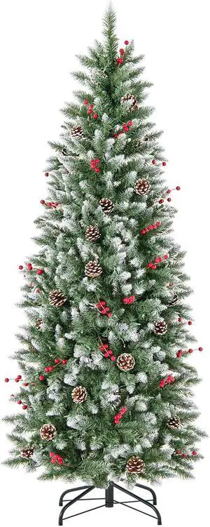 SlickBlue Pre-lit Artificial Pencil Christmas Tree with Pine Cones and Red Berries