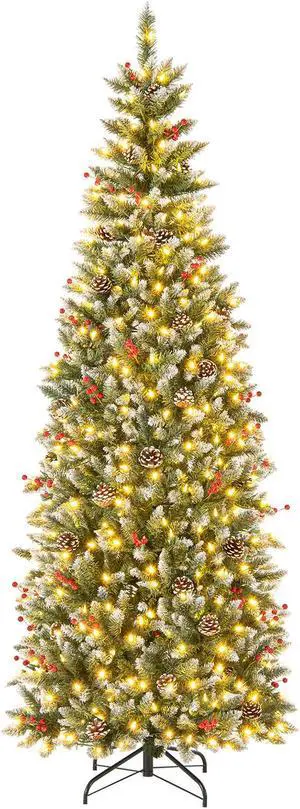 SlickBlue Pre-lit Artificial Pencil Christmas Tree with Pine Cones and Red Berries