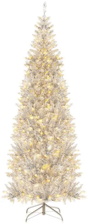 SlickBlue Pre-Lit Artificial Silver Tinsel Xmas Tree with 790 Branch Tips