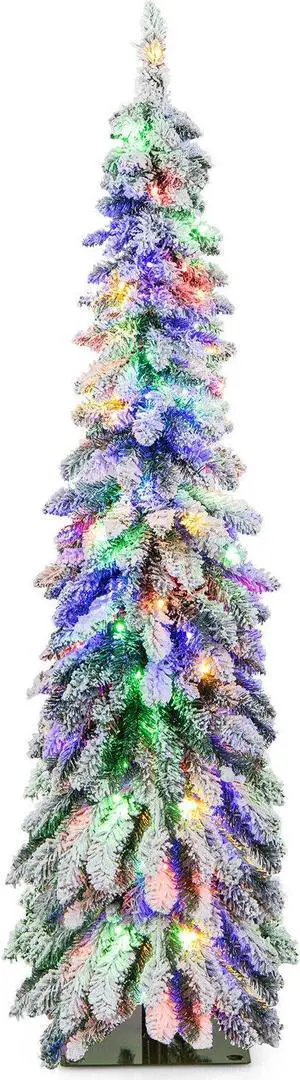 SlickBlue Pre-Lit Artificial Christmas Tree Snow-Flocked Slim Pencil Xmas Decor