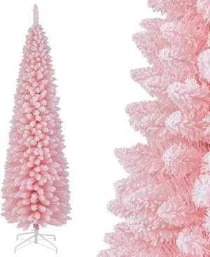 SlickBlue Snow Flocked 7 FT Artificial Pink Xmas Tree with 635 Branch Tips