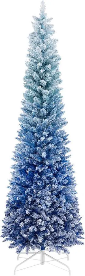 SlickBlue 7 Feet Blue Gradient Snow Flocked Artificial Christmas Tree-Blue