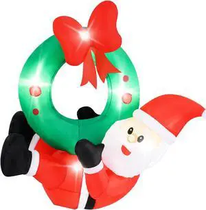 SlickBlue 4 ft Inflatable Santa Claus Wreath with Red Bow and 5 LED Lights