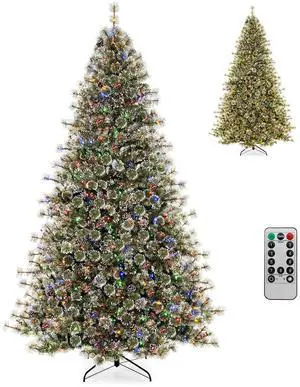 SlickBlue Artificial Christmas Tree Pre-Lit Hinged Holiday Tree with 360° Quick Power Connector-9ft