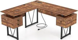 SlickBlue L-shaped Computer Desk with Power Outlets and 3 Storage Drawers
