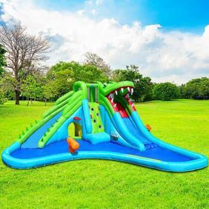 SlickBlue Inflatable Crocodile Water Slide Climbing Wall Bounce House with 780W Blower