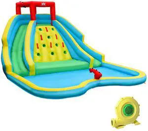 SlickBlue Inflatable Water Park Bounce House with Double Slide and Climbing Wall with 735W Blower